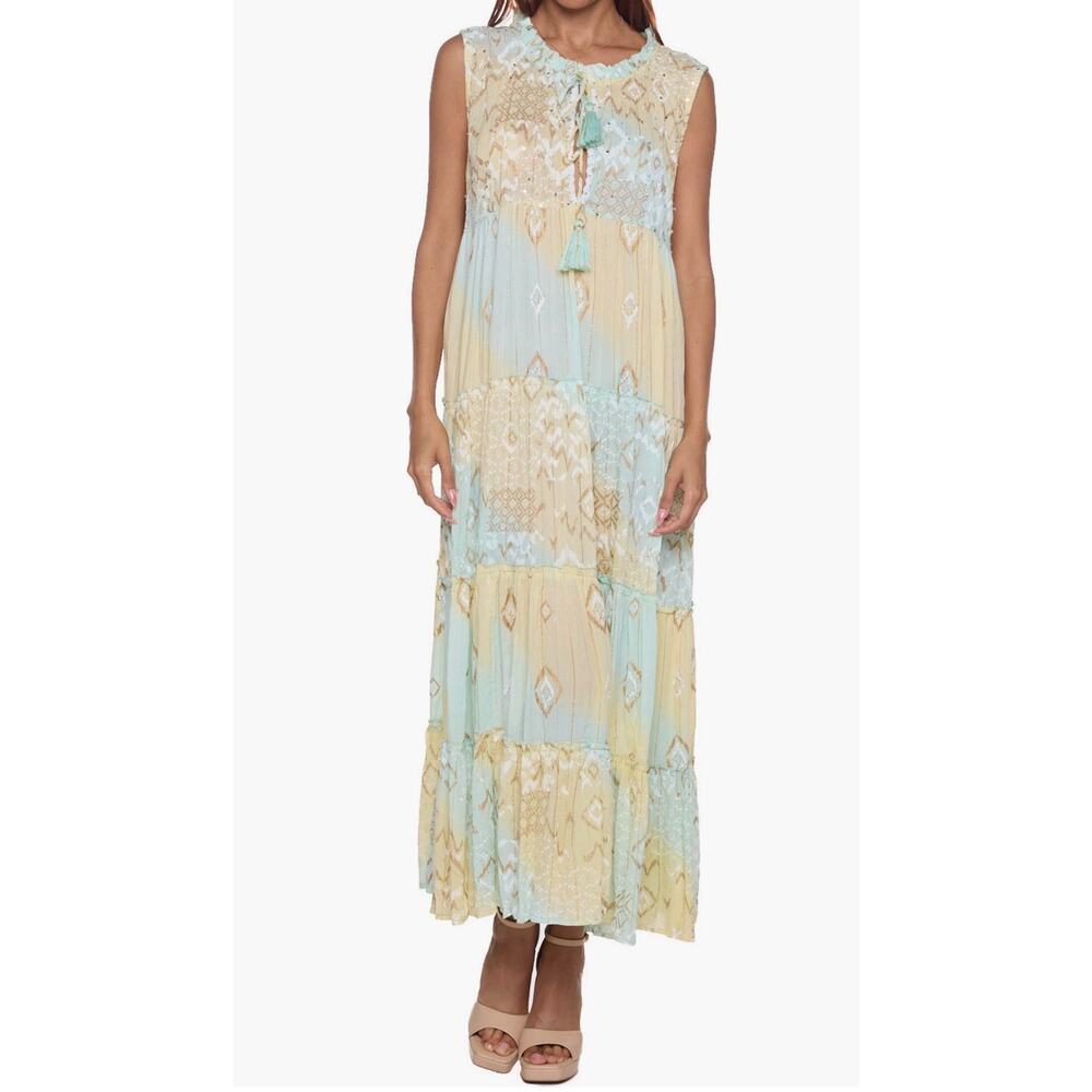 Ranees‎ Maxi Dress Tiered Pastel Yellow Mint Boho Lurex Shimmer Metallic OS